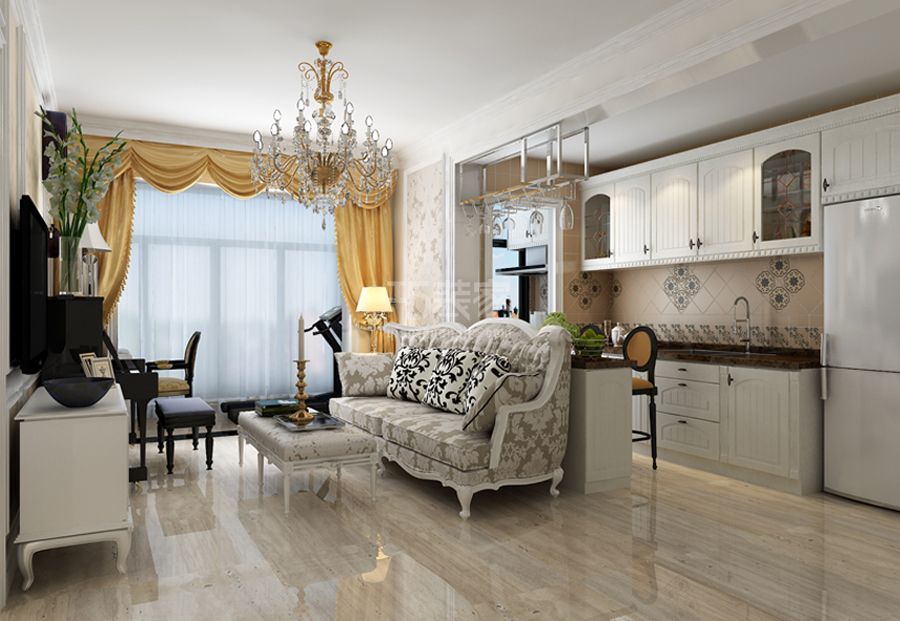 客厅及厨房-豆瓣胡同68平米欧式风格设计方案